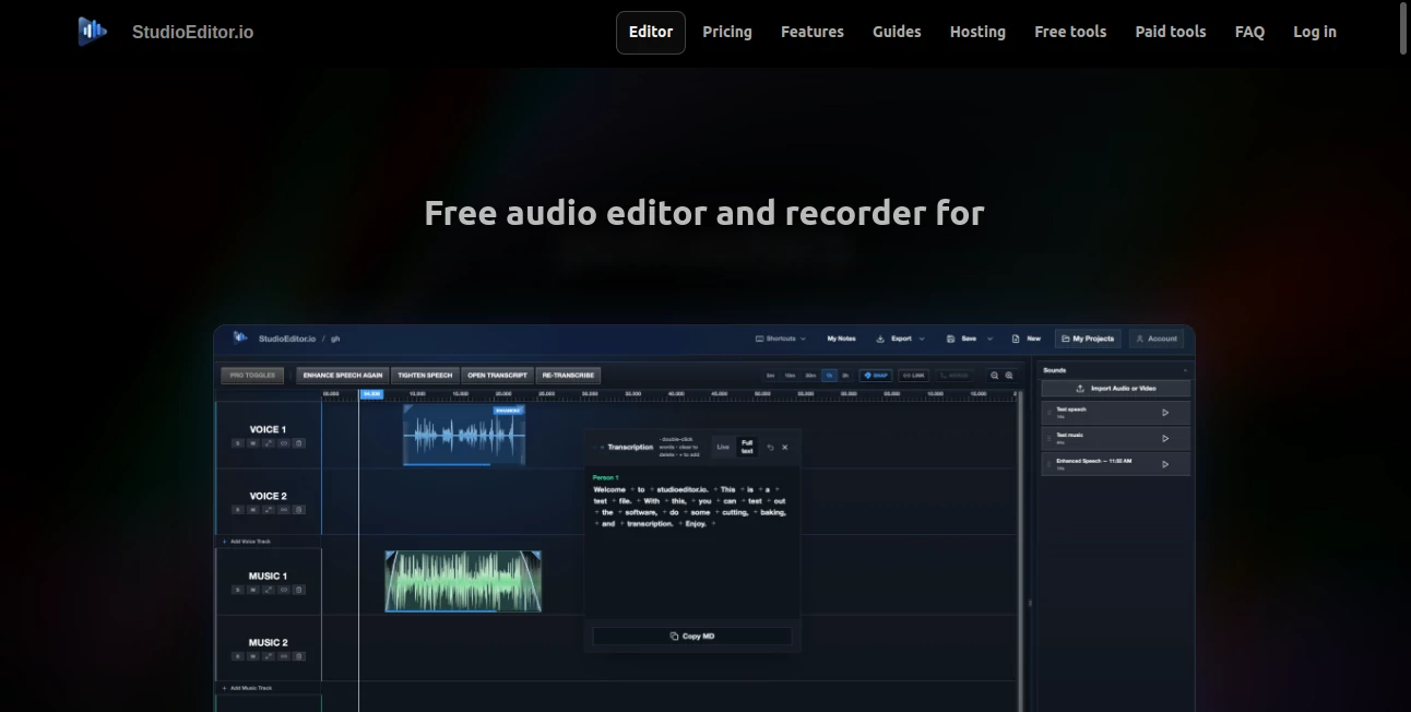 Screenshot of StudioEditor.io – An AI tool in the ,AI Transcription ,AI Speech to Text ,AI Voice & Audio Editing  category, showcasing its interface and key features.