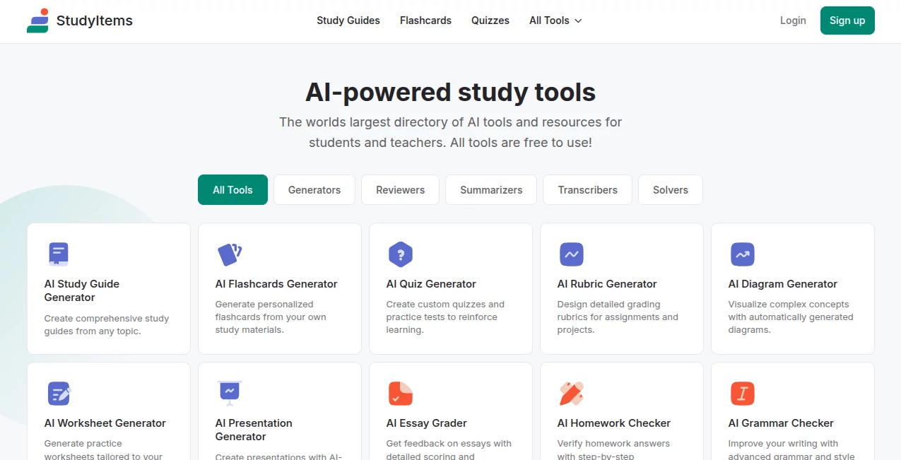 Screenshot of StudyItems – An AI tool in the ,AI Knowledge Management ,AI Summarizer ,AI Education Assistant ,AI Quizzes  category, showcasing its interface and key features.
