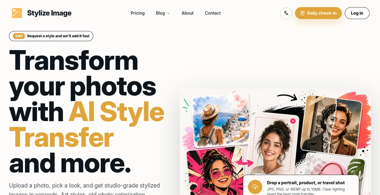 Screenshot of Stylize Image – An AI tool in the ,AI Photo & Image Generator ,Photo & Image Editor ,AI Photo Enhancer ,AI Image to Image  category, showcasing its interface and key features.