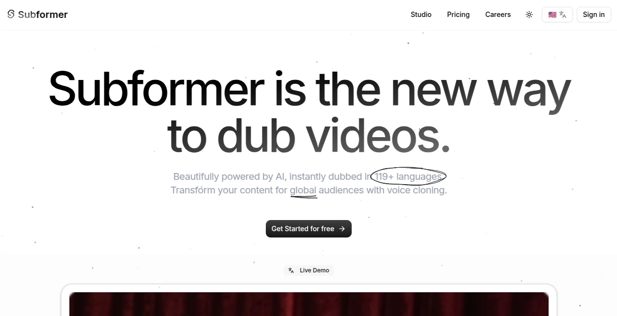 Screenshot of Subformer – An AI tool in the ,AI Voice Cloning ,AI Video Editor ,AI Text to Speech ,AI Speech to Text  category, showcasing its interface and key features.