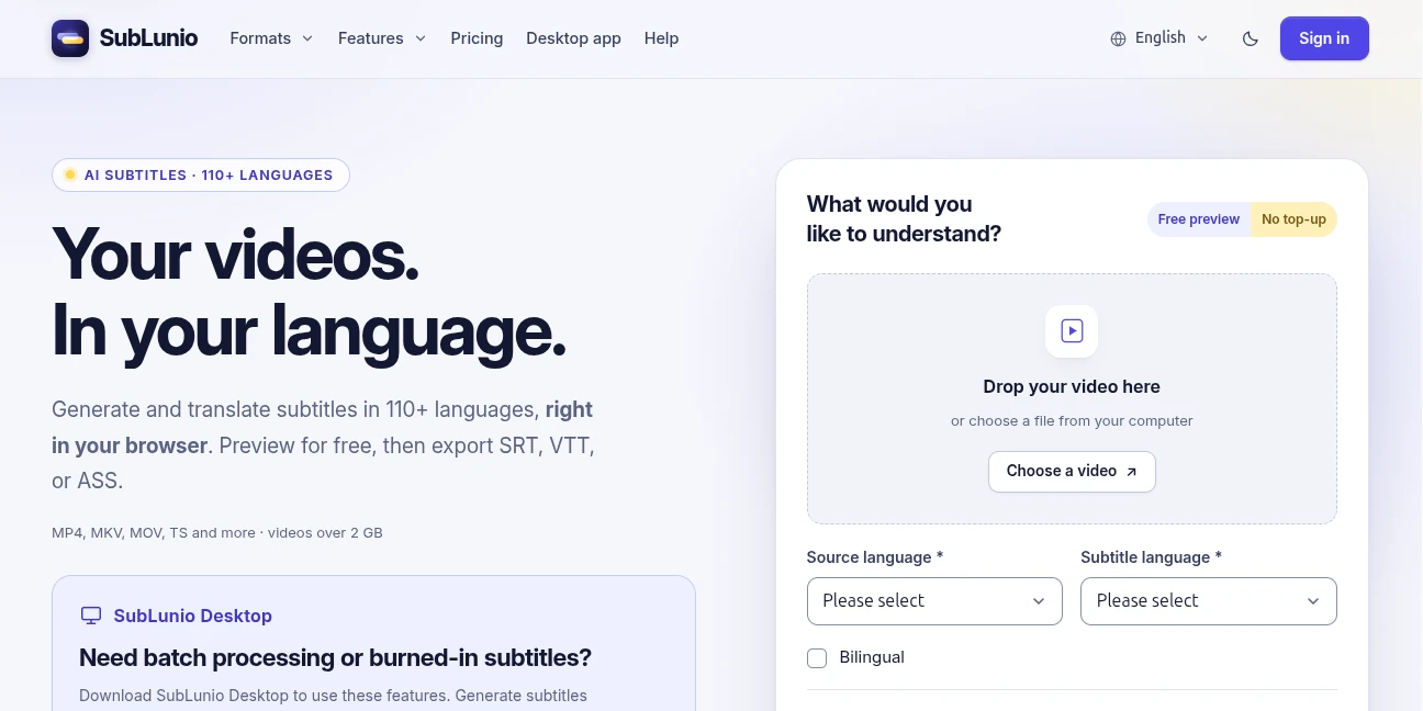 Screenshot of Sublunio – An AI tool in the ,AI Transcription ,Text & Writing  category, showcasing its interface and key features.