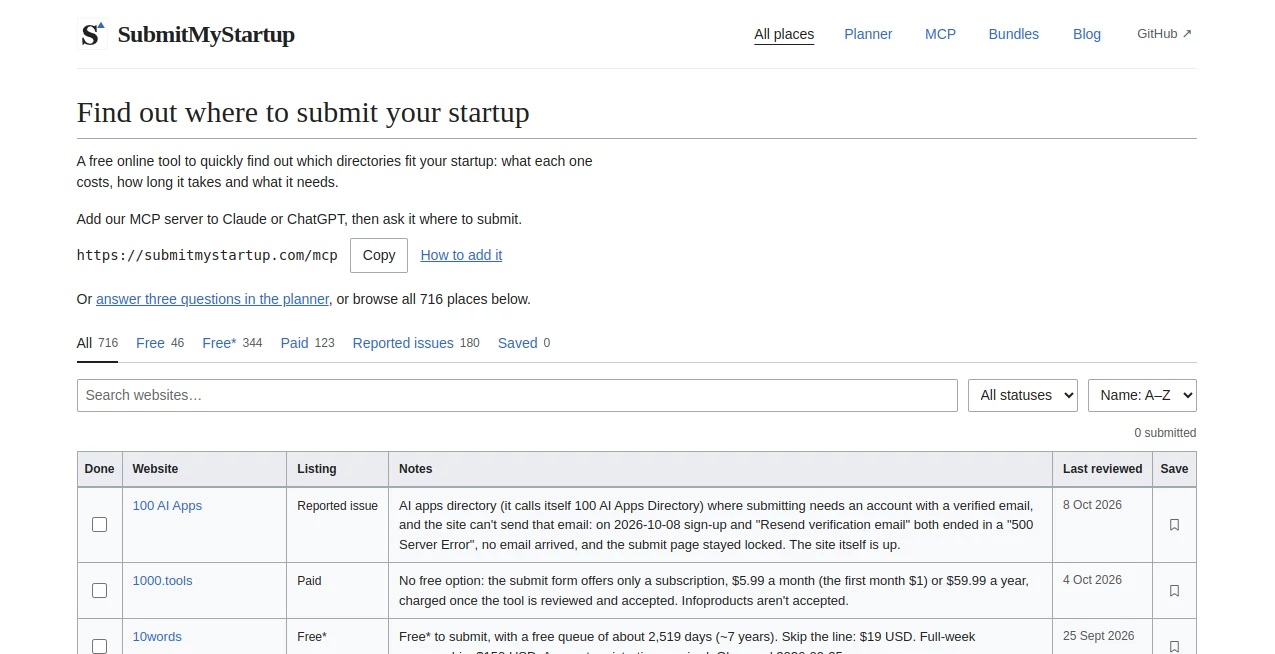 Screenshot of SubmitMyStartup – An AI tool in the ,AI Developer Tools ,Code & IT  category, showcasing its interface and key features.