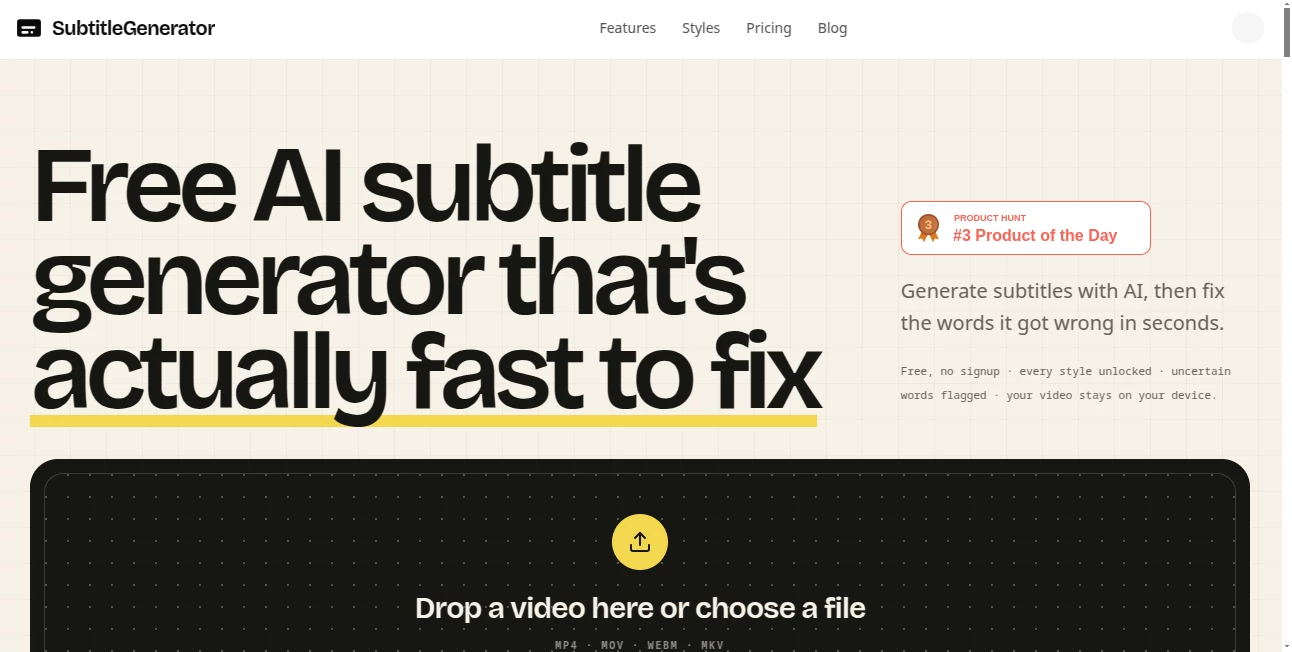 Screenshot of SubtitleGenerator – An AI tool in the ,AI Video Editor ,AI Transcription ,AI Speech to Text ,AI Captions or Subtitle  category, showcasing its interface and key features.