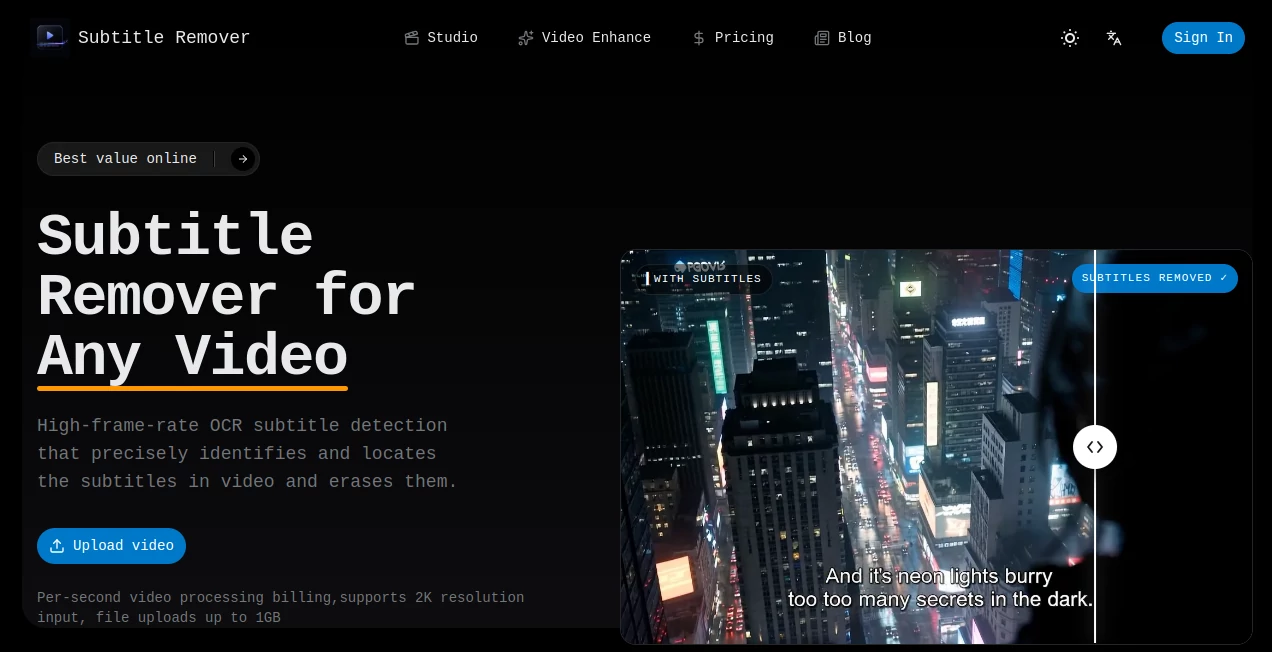 Screenshot of Subtitle Remover – An AI tool in the ,AI Video Editor ,AI Video Enhancer  category, showcasing its interface and key features.