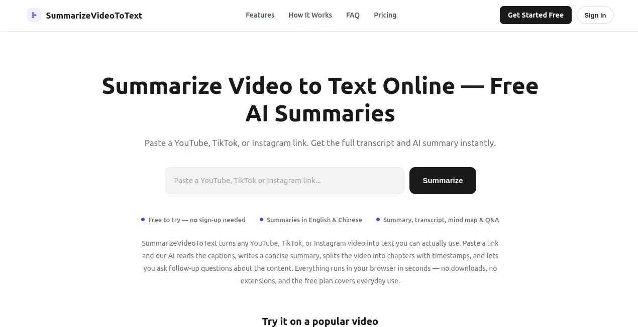 Screenshot of SummarizeVideoToText – An AI tool in the ,AI Transcriber ,AI Content Generator ,AI Summarizer ,AI Transcription  category, showcasing its interface and key features.
