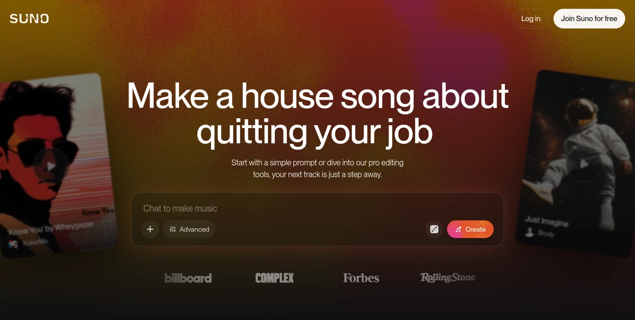 Screenshot of Suno – An AI tool in the ,AI Text to Music ,AI Singing Generator ,AI Music Generator ,AI Voice & Audio Editing  category, showcasing its interface and key features.