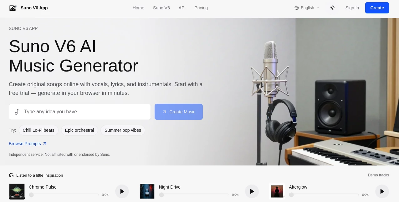 Screenshot of Suno V6 App – An AI tool in the ,AI Text to Music ,AI Singing Generator ,AI Music Generator ,AI Voice & Audio Editing  category, showcasing its interface and key features.