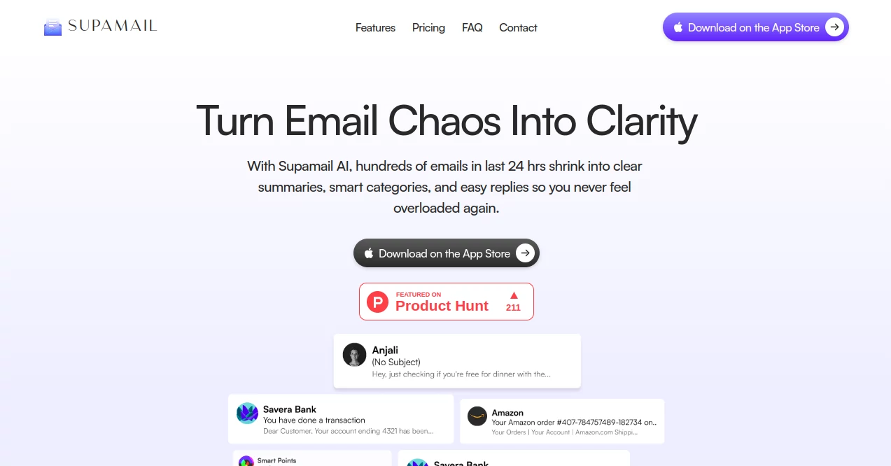 Screenshot of Supamail – An AI tool in the ,AI Summarizer ,AI Productivity Tools ,AI Email Assistant ,AI Response Generator  category, showcasing its interface and key features.