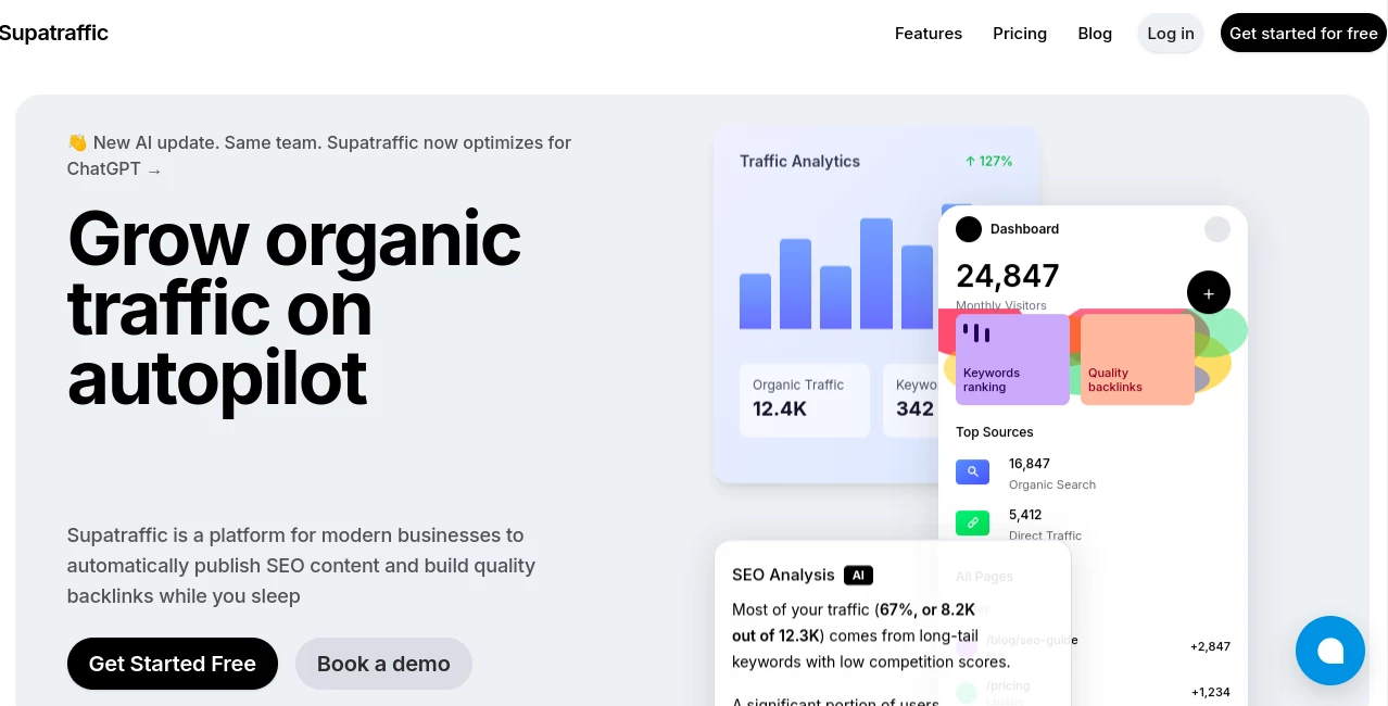 Screenshot of SupaTraffic – An AI tool in the ,AI SEO Assistant ,AI Content Generator ,AI Digital Marketing Generator ,AI Marketing Plan Generator  category, showcasing its interface and key features.