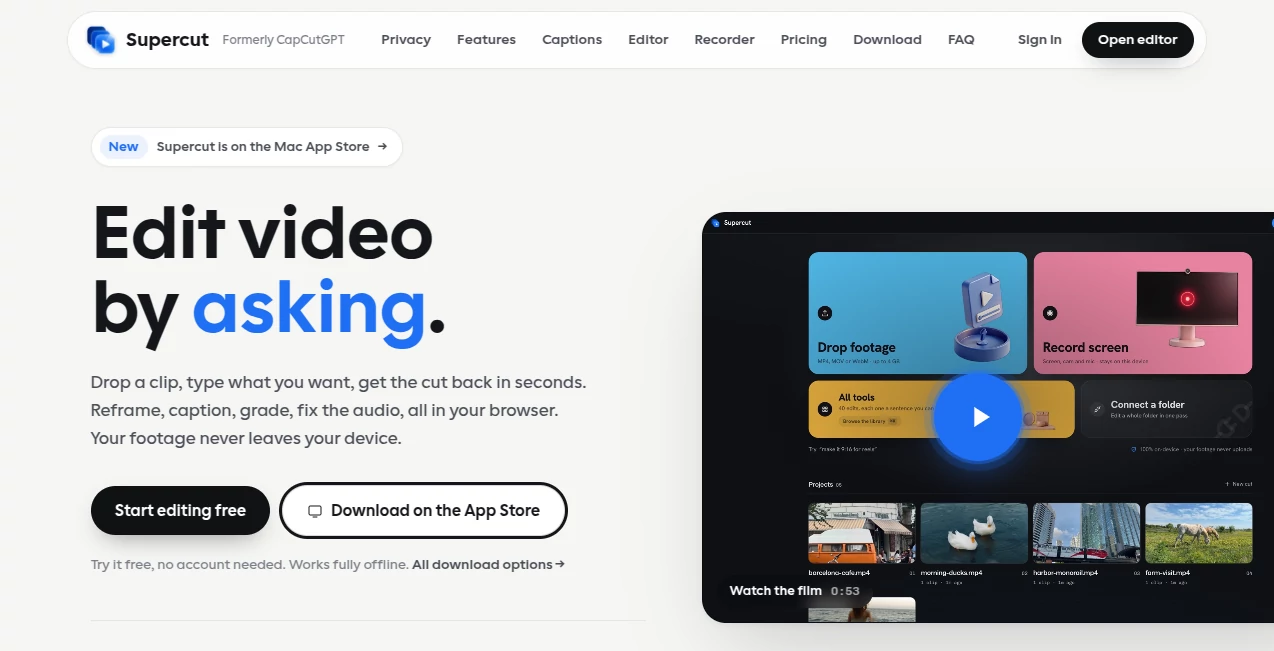 Screenshot of Supercut – An AI tool in the ,AI Video Editor ,AI Video Enhancer ,AI Video Recording  category, showcasing its interface and key features.