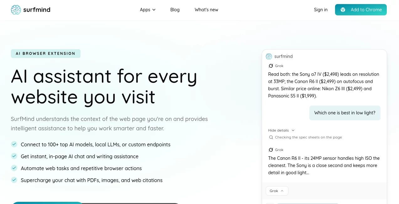Screenshot of surfmind – An AI tool in the ,AI Writing Assistants ,AI Browsers Builder ,AI Research Tool ,AI Productivity Tools  category, showcasing its interface and key features.
