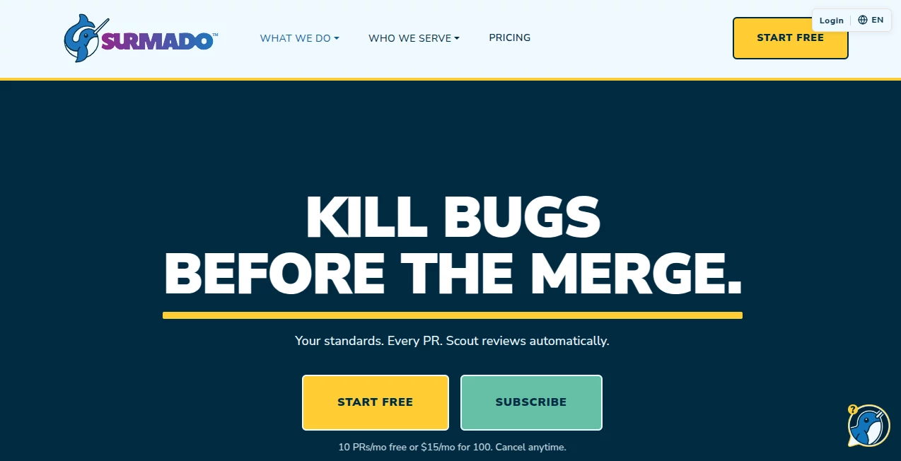 Screenshot of Surmado Kill Bugs – An AI tool in the ,AI DevOps Assistant ,AI Code Assistant ,AI Testing & QA ,AI Developer Tools  category, showcasing its interface and key features.