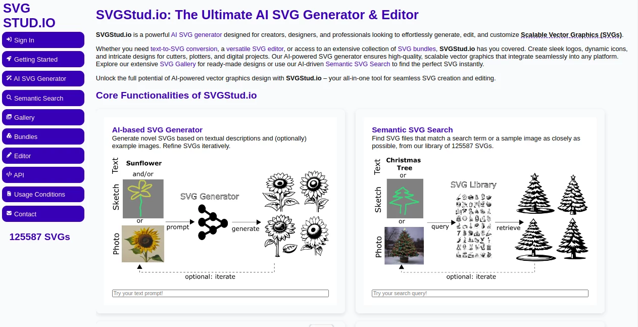 Screenshot of svgstud.io – An AI tool in the ,AI Design Generator  category, showcasing its interface and key features.