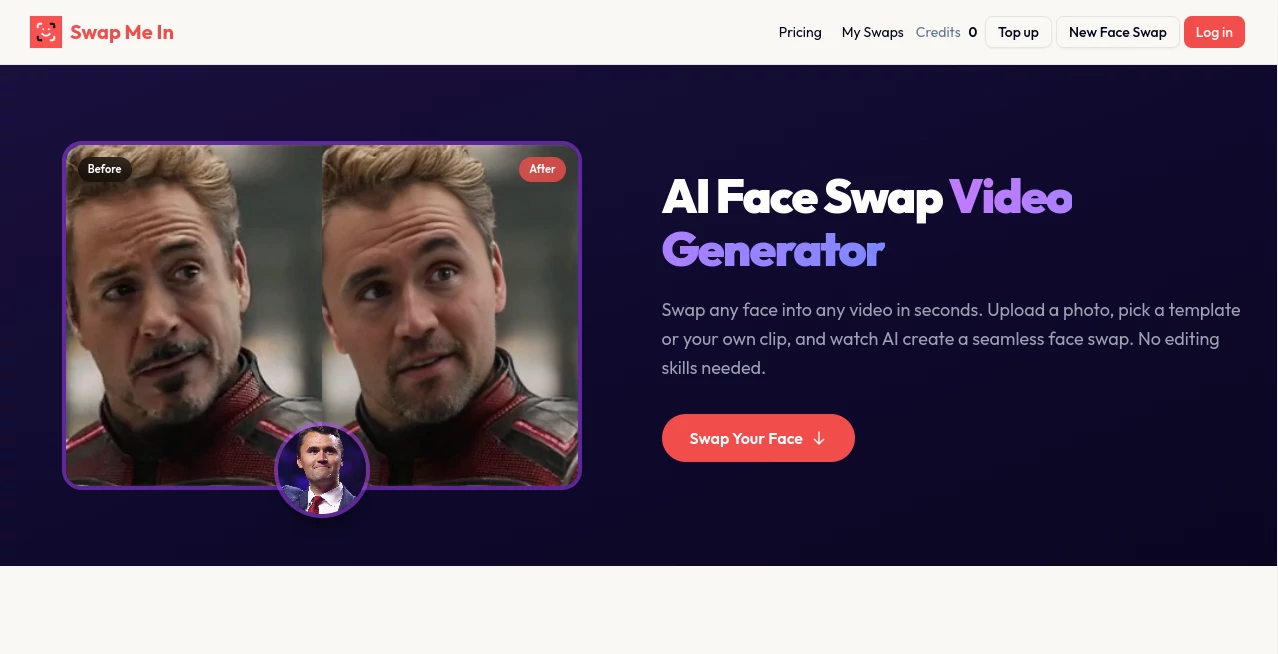 Screenshot of SwapMeIn – An AI tool in the ,AI Avatar Generator ,AI Video Generator ,AI Face Swap Generator ,AI Image to Image  category, showcasing its interface and key features.
