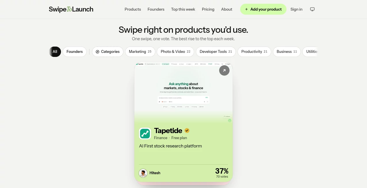 Screenshot of SwipeToLaunch – An AI tool in the ,AI Tools Directory ,Marketing  category, showcasing its interface and key features.