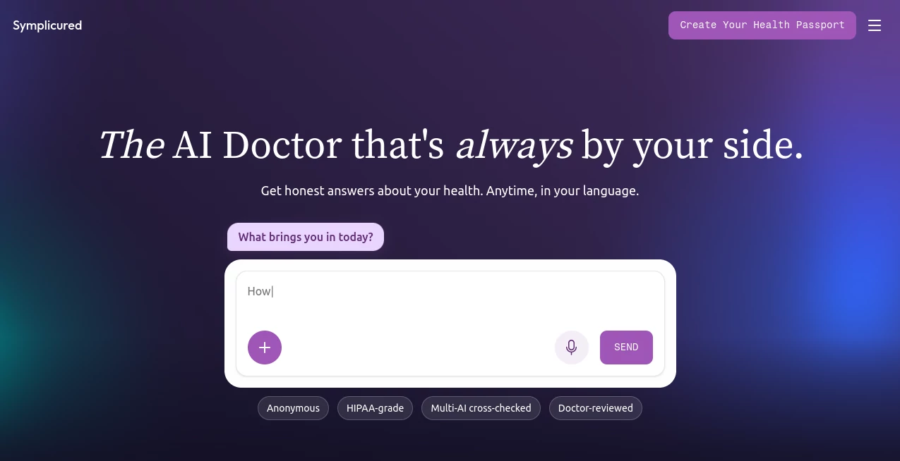 Screenshot of Symplicured – An AI tool in the ,AI Voice Assistants ,AI Life Assistant ,AI Healthcare ,AI Productivity Tools  category, showcasing its interface and key features.