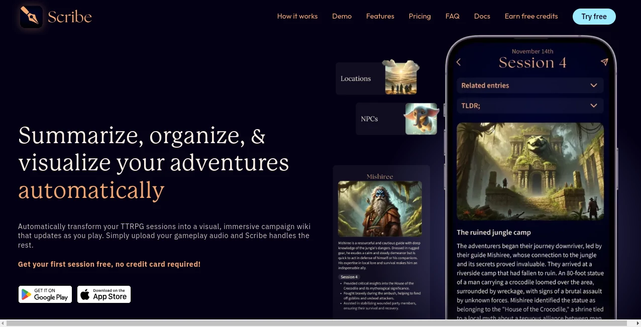 Screenshot of Tabletop Scribe – An AI tool in the ,AI Game ,AI Content Generator ,AI Knowledge Base ,AI Notes Assistant  category, showcasing its interface and key features.