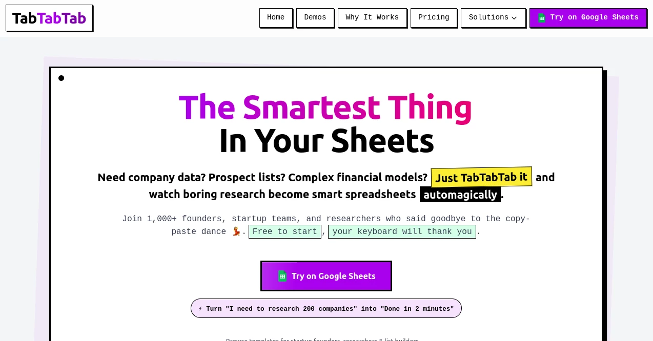 Screenshot of Tab Tab Tab – An AI tool in the ,AI Knowledge Management ,AI Spreadsheet ,AI Productivity Tools ,AI Research Tool ,AI Project Management  category, showcasing its interface and key features.