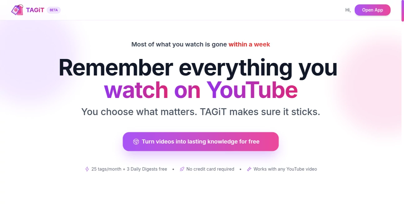 Screenshot of TAGiT – An AI tool in the ,AI Education Assistant ,AI Productivity Tools ,AI Notes Assistant ,AI Video Recording  category, showcasing its interface and key features.