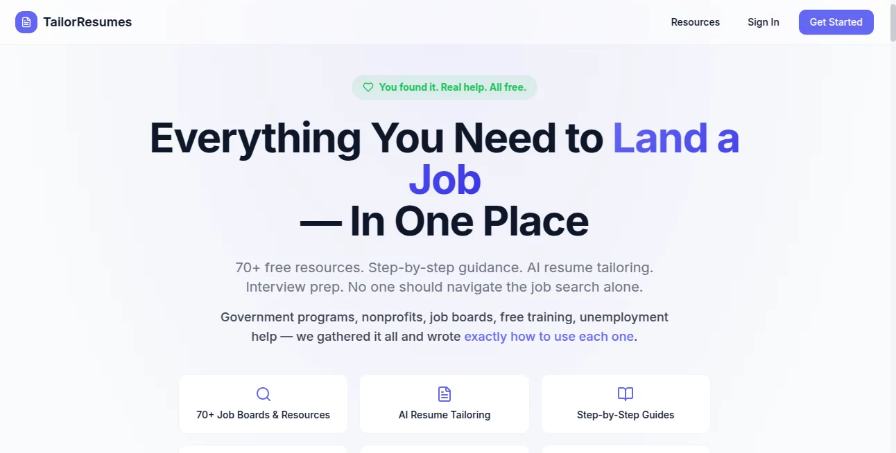 Screenshot of TailorResumes – An AI tool in the ,AI Writing Assistants ,AI Recruiting ,AI Resume Builder ,AI Cover Letter Generator  category, showcasing its interface and key features.
