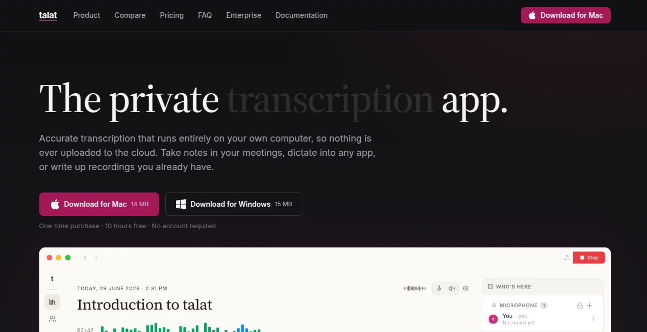 Screenshot of talat – An AI tool in the ,AI Transcription ,AI Speech to Text ,AI Meeting Assistant ,AI Notes Assistant  category, showcasing its interface and key features.
