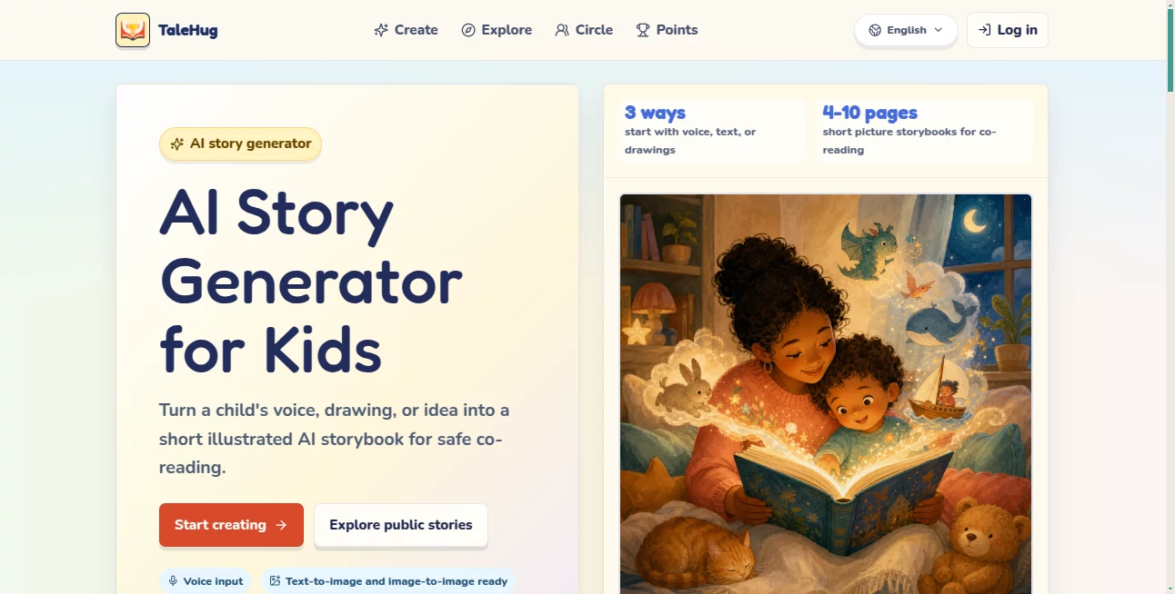 Screenshot of TaleHug – An AI tool in the ,AI Story Writing ,AI Creative Writing ,AI Content Generator ,Text & Writing  category, showcasing its interface and key features.