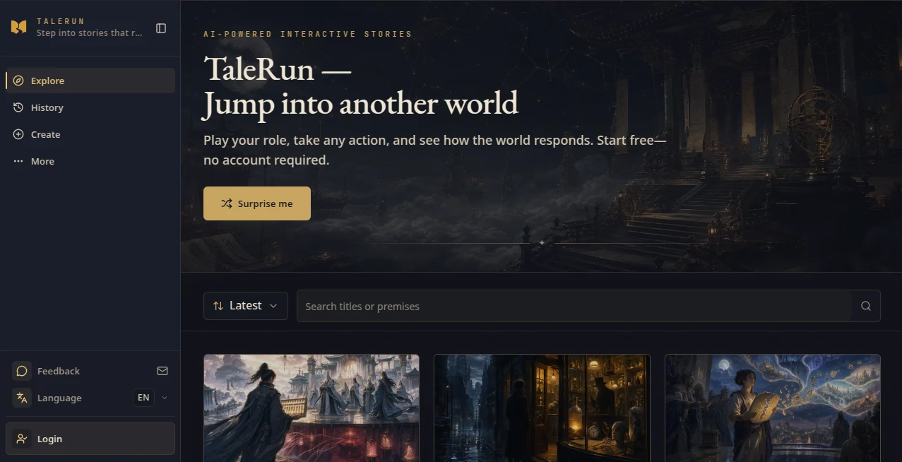 Screenshot of TaleRun – An AI tool in the ,AI Creative Writing ,AI Chatbot ,AI Character ,AI Game  category, showcasing its interface and key features.