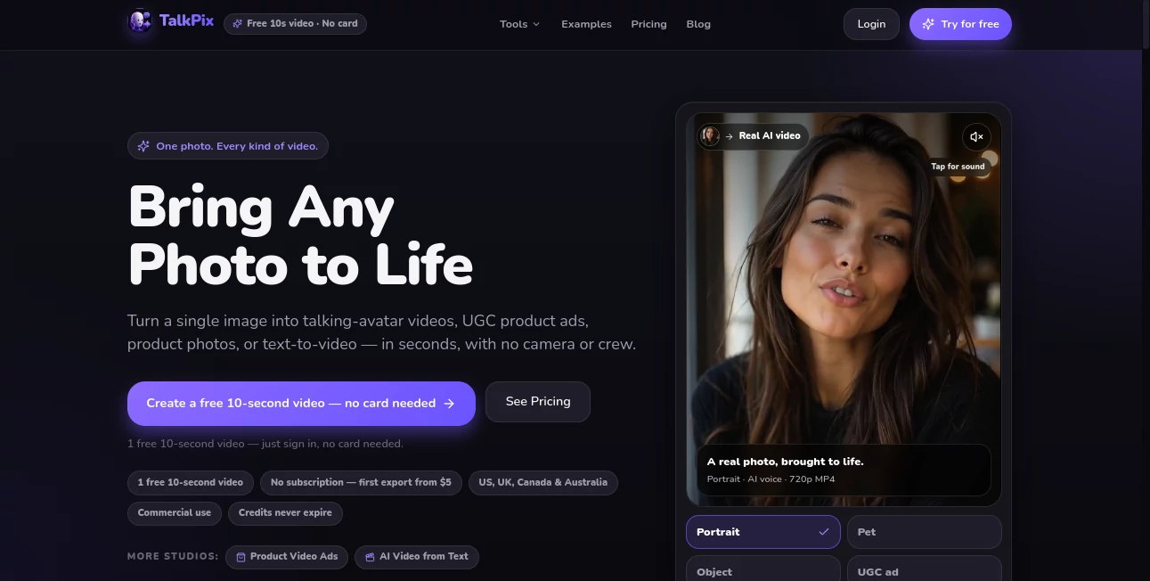 Screenshot of TalkPix – An AI tool in the ,AI Avatar Generator ,AI Image to Video ,AI Video Generator ,AI Voice & Audio Editing  category, showcasing its interface and key features.