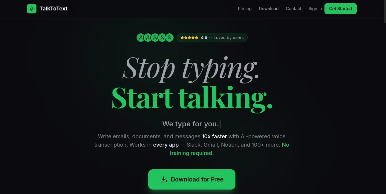Screenshot of TalkToText – An AI tool in the ,AI Transcription ,AI Speech to Text ,AI Speech Recognition ,AI Voice Assistants  category, showcasing its interface and key features.