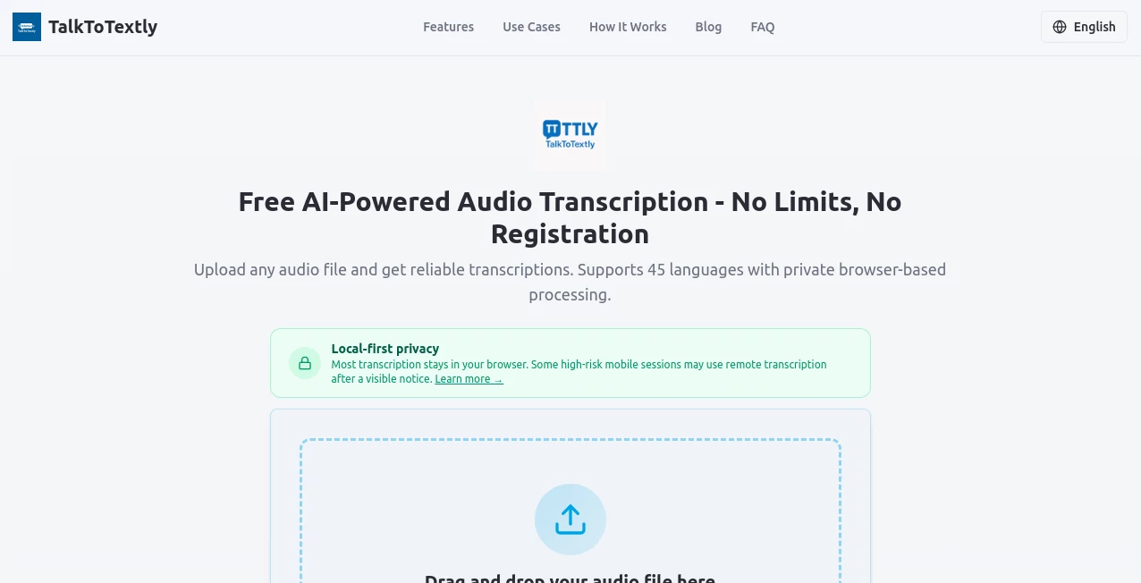 Screenshot of TalkToTextly – An AI tool in the ,AI Transcription ,AI Speech to Text ,AI Speech Recognition ,AI Productivity Tools  category, showcasing its interface and key features.