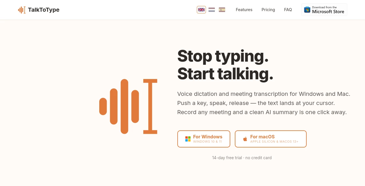 Screenshot of TalkToType – An AI tool in the ,AI Writing Assistants ,AI Speech to Text ,AI Speech Recognition ,AI Productivity Tools  category, showcasing its interface and key features.