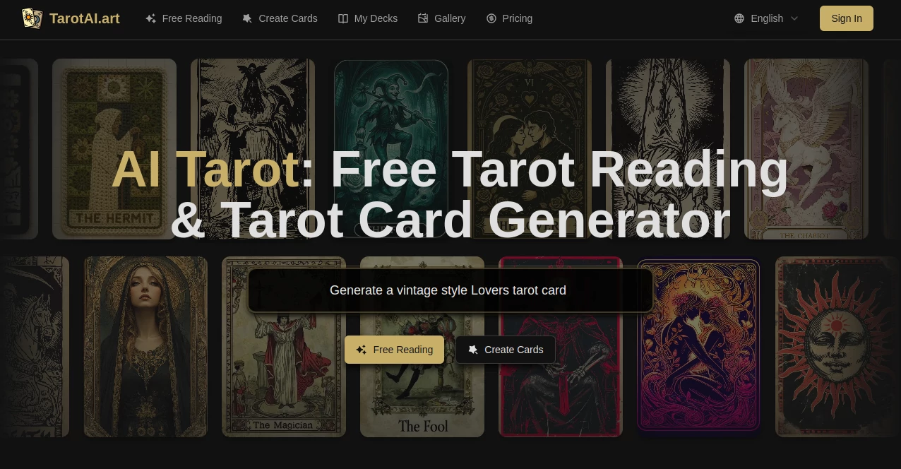 Screenshot of TarotAI.art – An AI tool in the ,AI Life Assistant ,AI Fun Tools ,AI Art Generator ,AI Image to Image  category, showcasing its interface and key features.