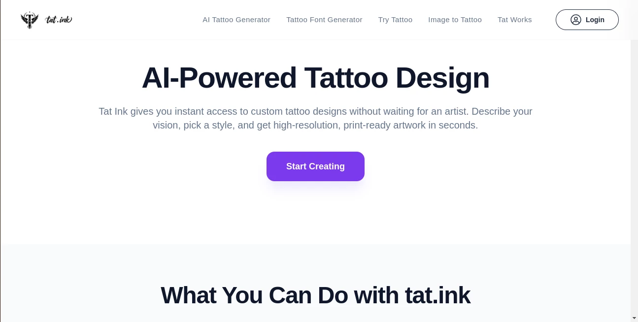 Screenshot of Tat Ink – An AI tool in the ,AI Tattoo Generator ,AI Image to Image ,AI Design Generator ,AI Fun Tools  category, showcasing its interface and key features.
