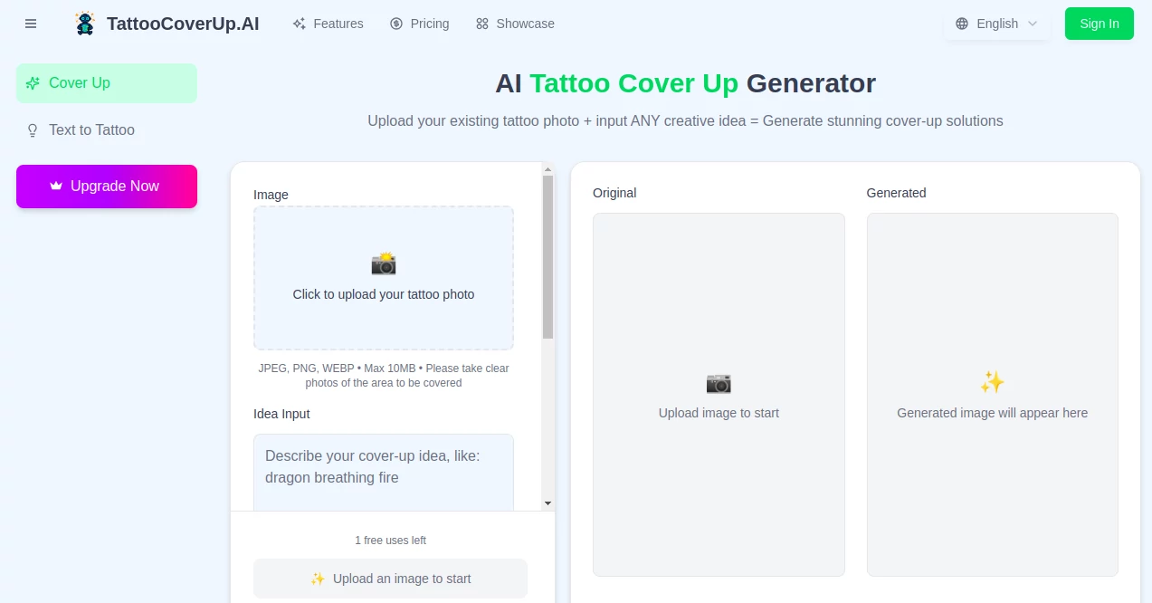 Screenshot of TattooCoverUp.AI – An AI tool in the ,Photo & Image Editor ,AI Tattoo Generator ,AI Image to Image ,AI Design Generator  category, showcasing its interface and key features.