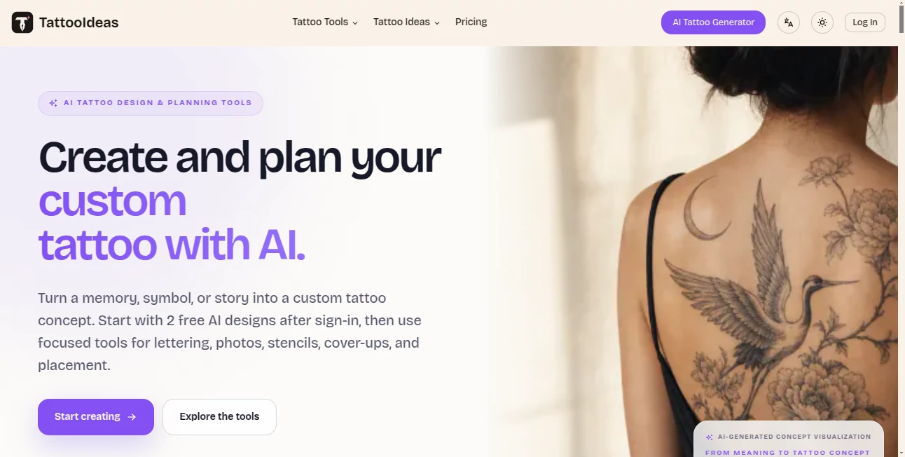 Screenshot of TattooIdeas – An AI tool in the ,AI Tattoo Generator  category, showcasing its interface and key features.