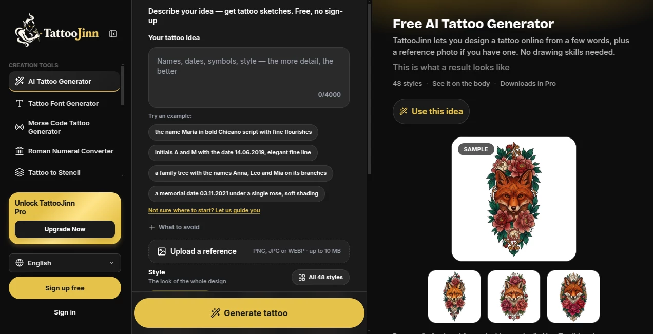 Screenshot of TattooJinn – An AI tool in the ,AI Photo & Image Generator ,AI Character ,AI Graphic Design  category, showcasing its interface and key features.