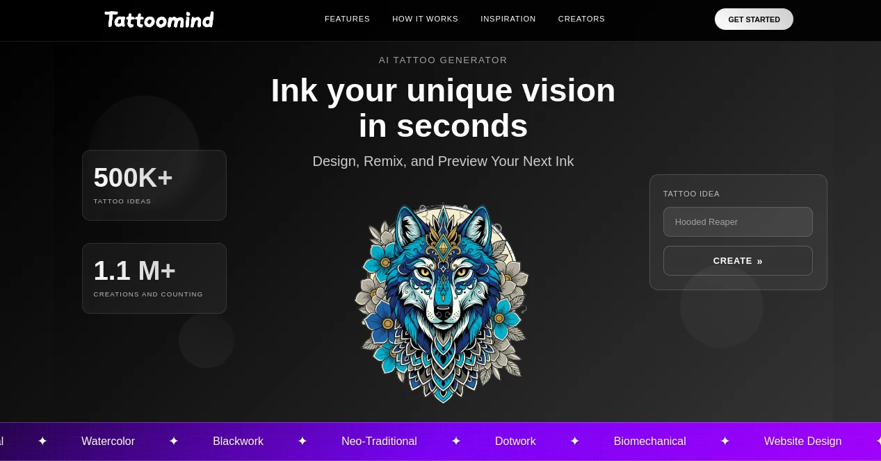 Screenshot of Tattoomind AI – An AI tool in the ,Photo & Image Editor ,AI Tattoo Generator ,AI Design Generator ,AI Image to Image  category, showcasing its interface and key features.
