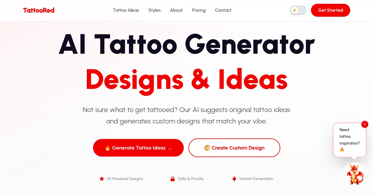 Screenshot of TattooRed – An AI tool in the ,AI Art Generator ,AI Tattoo Generator ,AI Design Generator  category, showcasing its interface and key features.