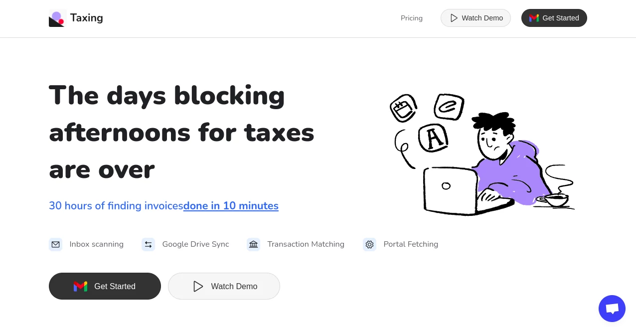 Screenshot of Taxing – An AI tool in the ,AI Tax Assistant ,AI Accounting Assistant ,AI Productivity Tools ,AI E-commerce Assistant  category, showcasing its interface and key features.