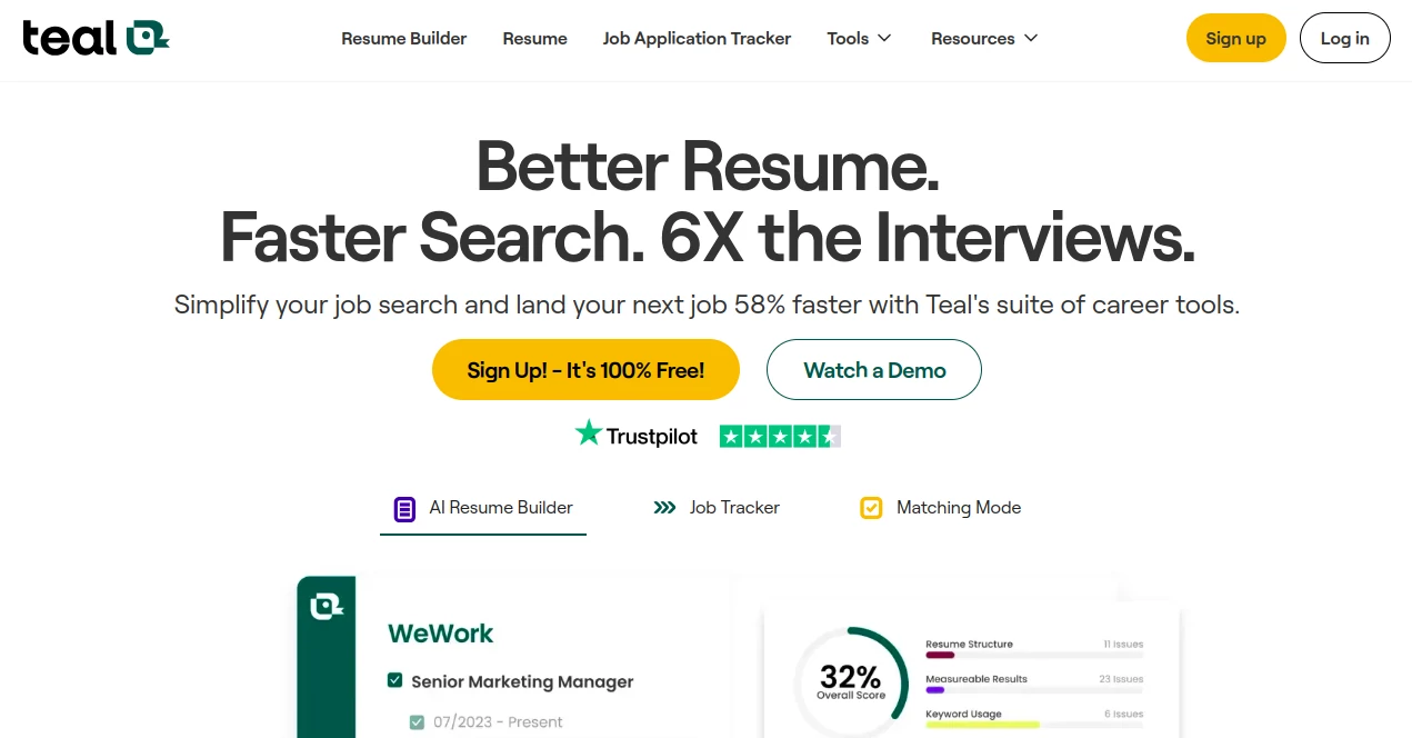 Screenshot of Teal – An AI tool in the ,AI Cover Letter Generator ,AI Interview Assistant ,AI Resume Builder  category, showcasing its interface and key features.