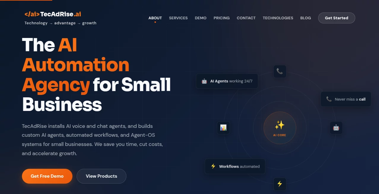 Screenshot of TecAdRise – An AI tool in the ,AI Voice Assistants ,AI Business Ideas Generator ,AI Customer Service Assistant ,AI Workflow Management  category, showcasing its interface and key features.