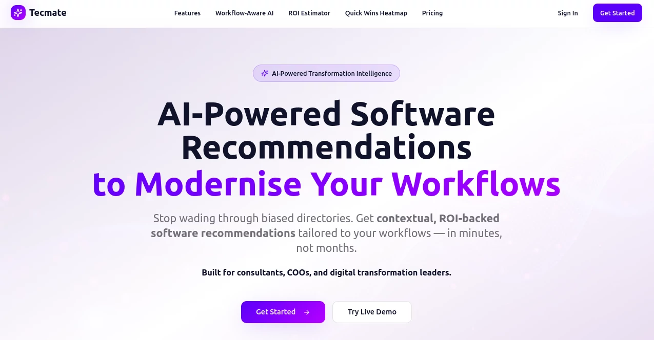 Screenshot of Tecmate – An AI tool in the ,AI Workflow Management ,AI Project Management ,AI Research Tool ,AI Consulting Assistant  category, showcasing its interface and key features.