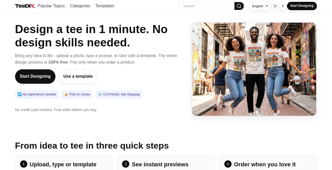 Screenshot of TeeDIY – An AI tool in the ,AI Image to Image ,AI Clothing Generator ,AI Design Generator ,AI Graphic Design  category, showcasing its interface and key features.