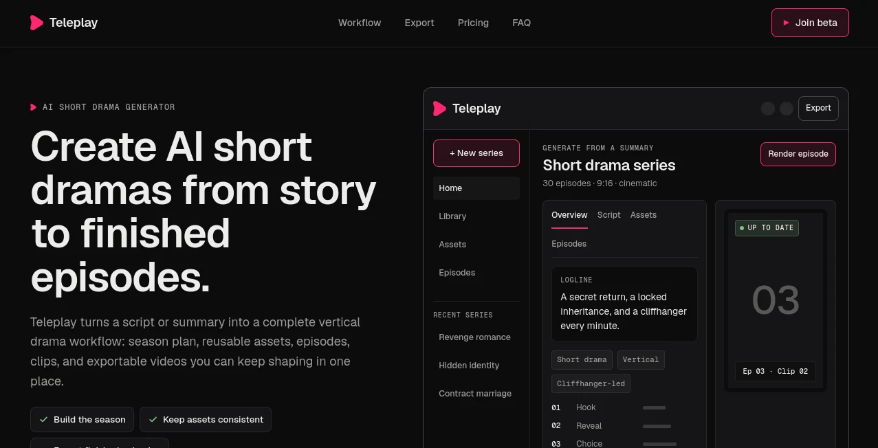 Screenshot of Teleplay – An AI tool in the ,AI Animated Video ,AI Personalized Video Generator ,AI Video Generator ,AI Short Clips Generator  category, showcasing its interface and key features.