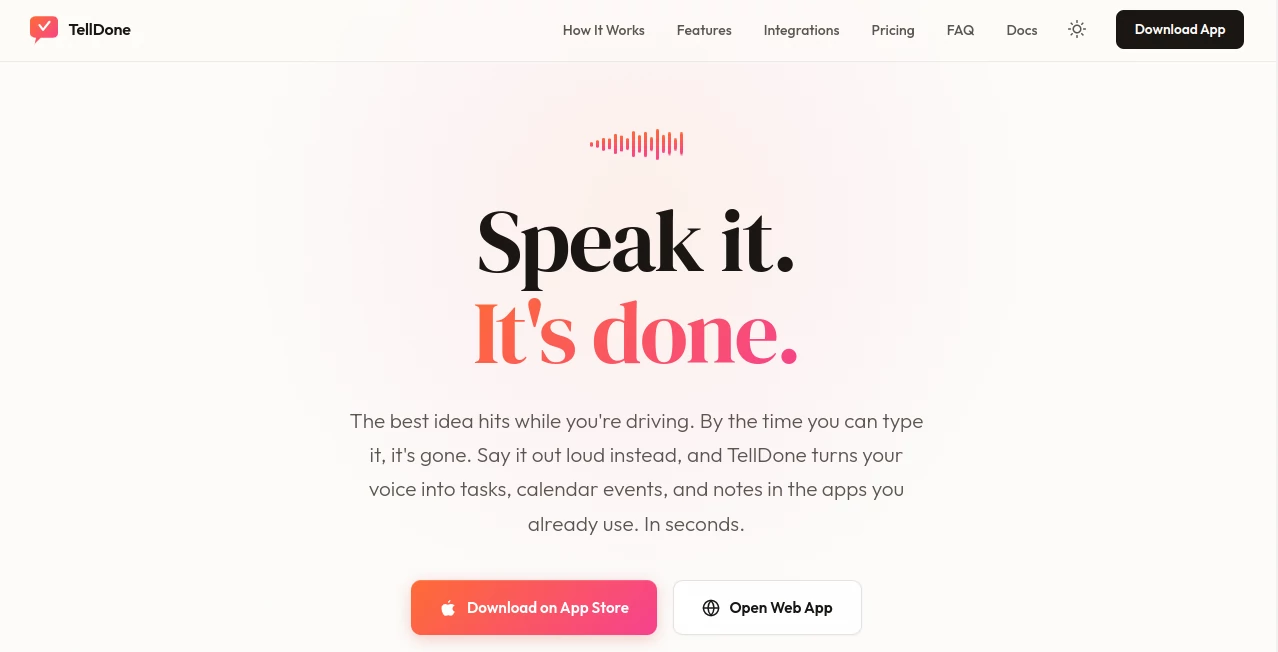 Screenshot of TellDone – An AI tool in the ,AI Voice Assistants ,AI Productivity Tools ,AI Task Management ,AI Notes Assistant  category, showcasing its interface and key features.