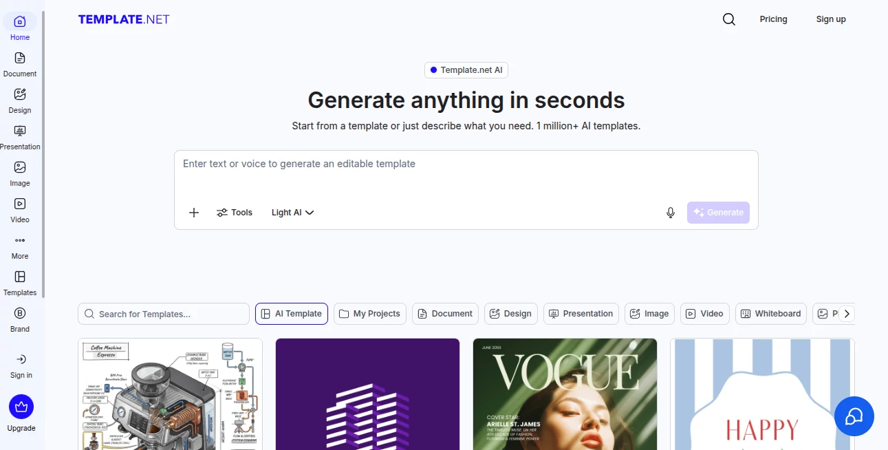 Screenshot of Template.net – An AI tool in the ,AI Design Generator ,AI Graphic Design ,AI Website Designer ,AI Presentation Generator  category, showcasing its interface and key features.