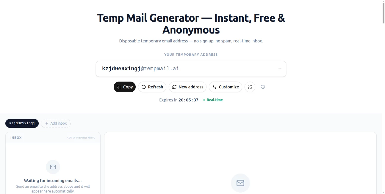 Screenshot of Temp Mail Generator – An AI tool in the ,AI Productivity Tools ,AI Email Assistant ,AI Developer Tools ,Other  category, showcasing its interface and key features.