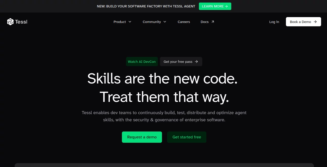 Screenshot of Tessl – An AI tool in the ,AI Testing & QA ,AI Code Assistant ,AI Developer Docs ,AI Developer Tools  category, showcasing its interface and key features.