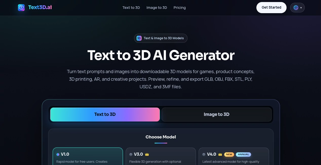 Screenshot of Text3D.ai – An AI tool in the ,AI 3D Model Generator ,AI Text to 3D ,AI Image to 3D Model ,Design & Art  category, showcasing its interface and key features.