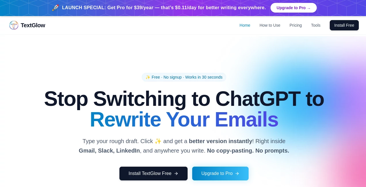 Screenshot of TextGlow – An AI tool in the ,AI Rewriter ,AI Writing Assistants ,AI Email Assistant ,AI Productivity Tools  category, showcasing its interface and key features.